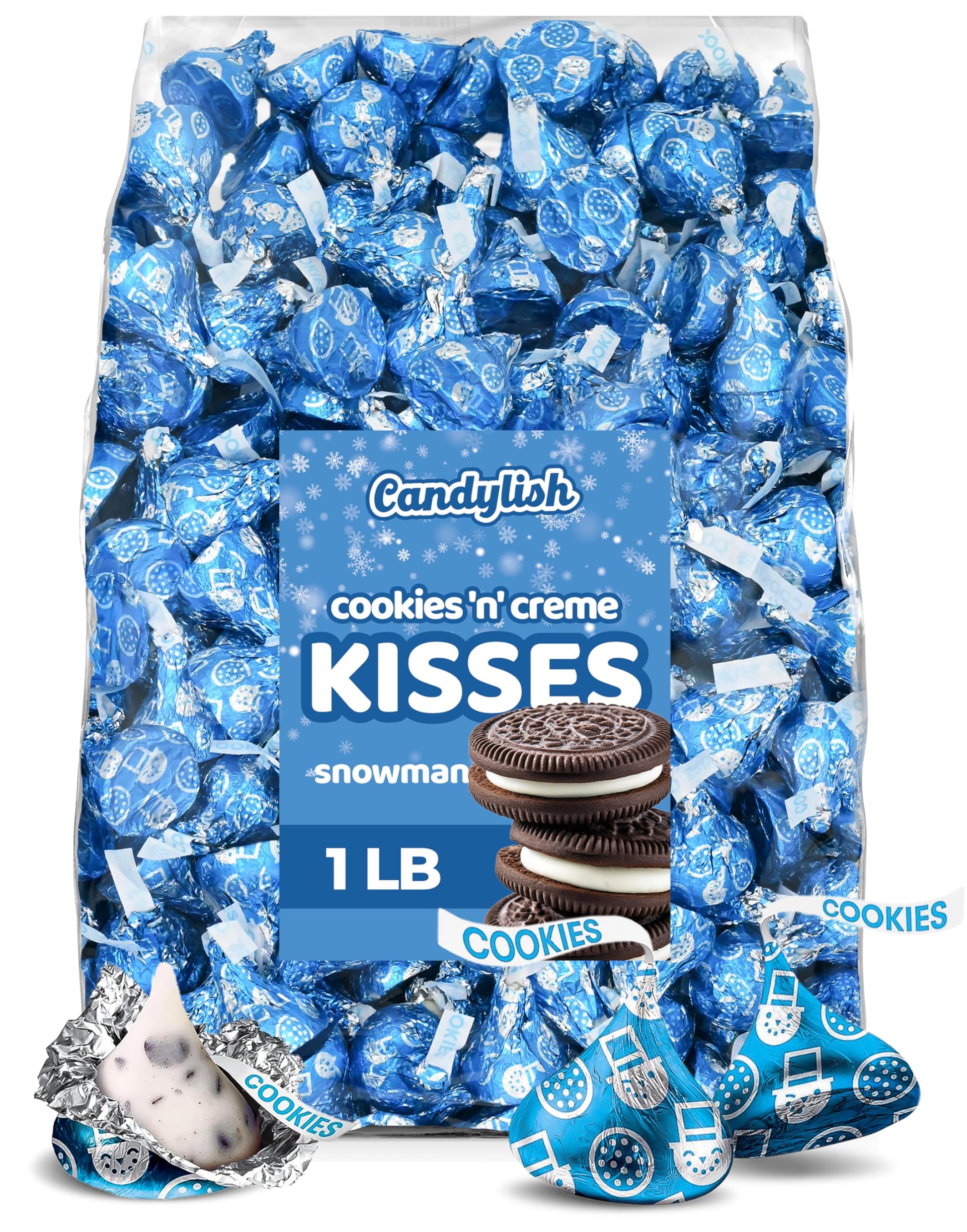 Kisses Cookies And Cream Snowman Foils Candy  1LB Bulk Bag (Approx. 95 Pieces) - Festive Christmas Holiday Chocolates for Gifting  Stocking Stuffers  and Party Favors