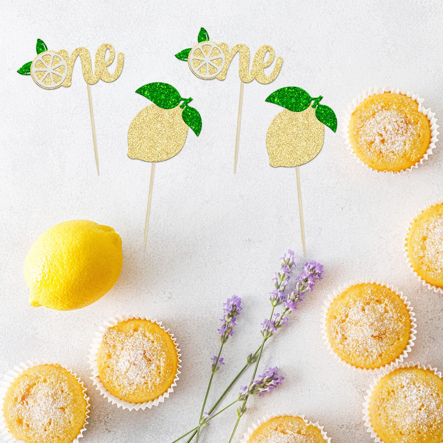 24Pcs Lemon One Cupcake Toppers Glitter Fruit Lemonade First Birthday Cupcake Picks For Lemon Theme Baby Shower 1St Birthday Par
