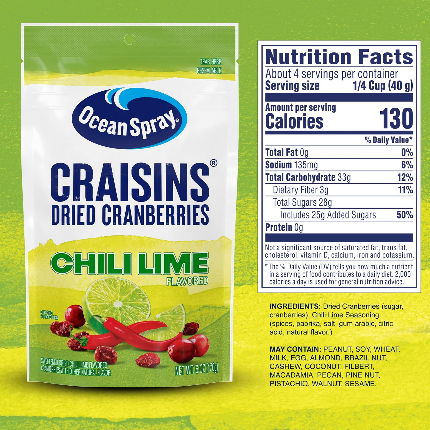Ocean Spray Craisins Sweetened Dried Cranberries  Chili Lime  6oz Pouch