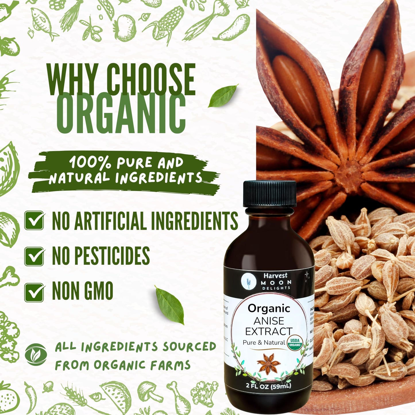 Organic Anise Extract For Baking, Ice Cream, Drinks, And Candy - 2 Oz - Water-Soluble - By Harvest Moon Delights - Pure Anise Ex