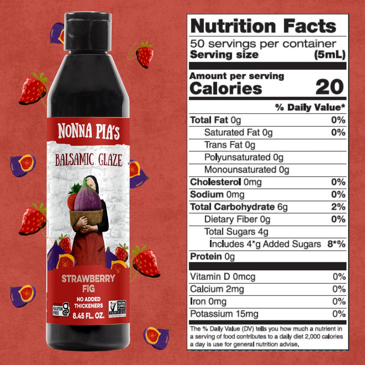Nonna Pia'S Strawberry Fig Balsamic Glaze - 8.45 Oz | Aged Vinegar From Modena, Italy | Slow Simmered For A Thick, Velvety, And