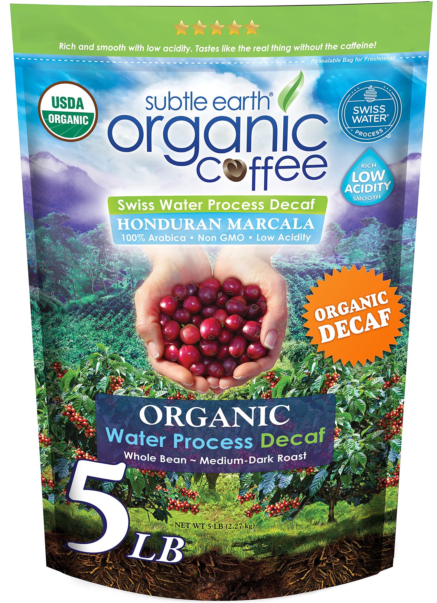 5LB Subtle Earth Organic Decaf - Swiss Water Process Decaf - Medium Dark Roast - Whole Bean Coffee - Low Acidity - Organic Certi