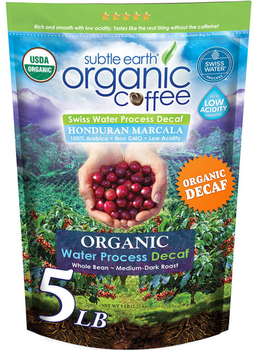 5LB Subtle Earth Organic Decaf - Swiss Water Process Decaf - Medium Dark Roast - Whole Bean Coffee - Low Acidity - Organic Certi