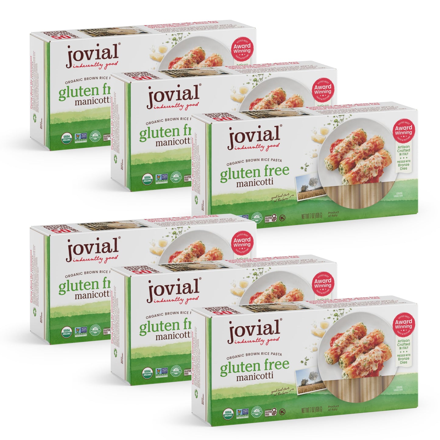 Jovial Whole Grain Brown Rice Manicotti Pasta, Organic, Gluten Free, Dairy Free, 7 Oz, Pack of 6