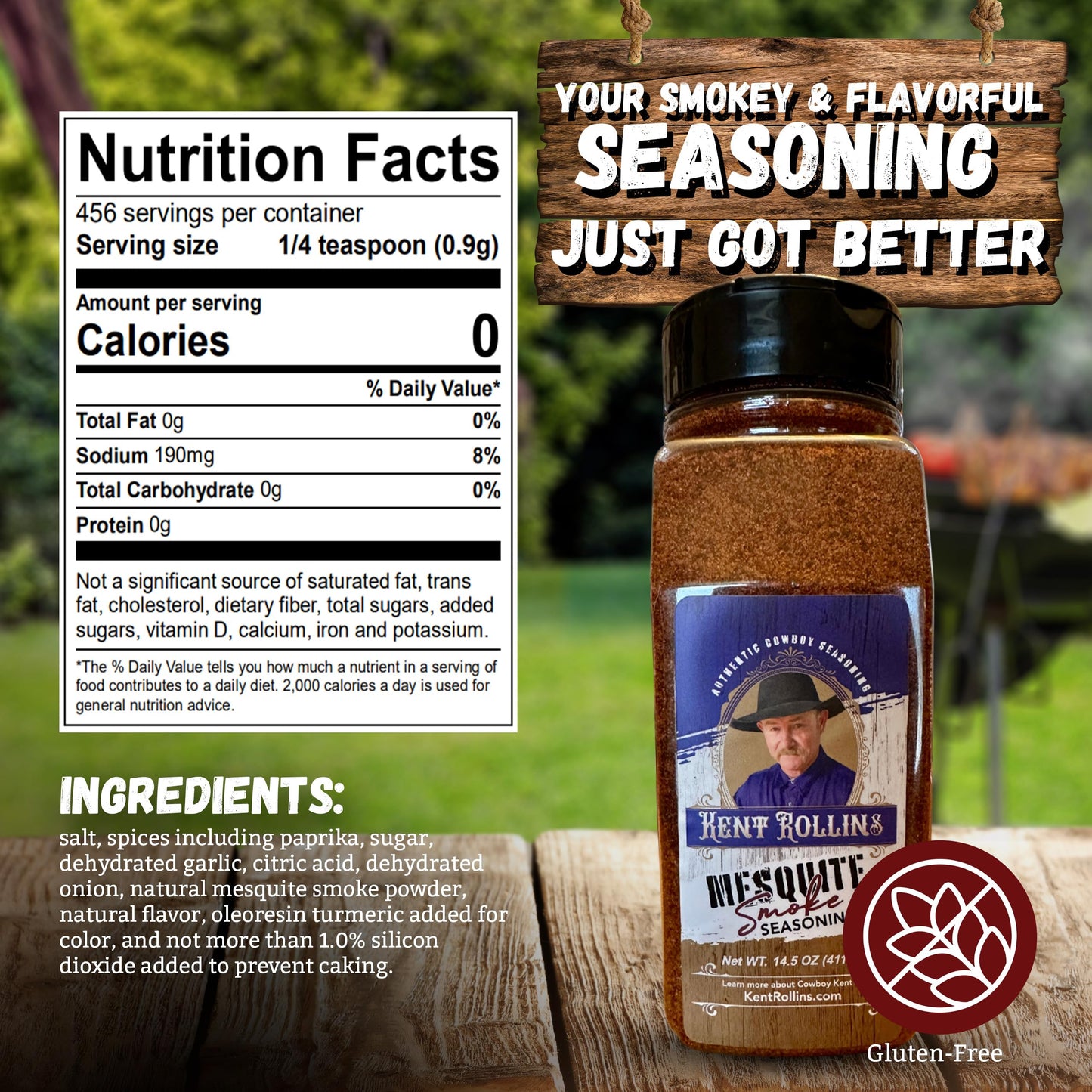 Kent Rollins Mesquite Smoke Seasoning - Gluten Free Dry Rub for Meat, Beans & Popcorn - 14.5 oz