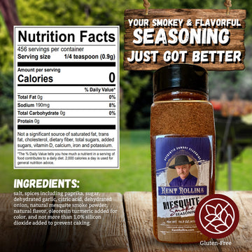Kent Rollins Mesquite Smoke Seasoning - Gluten Free Dry Rub for Meat, Beans & Popcorn - 14.5 oz