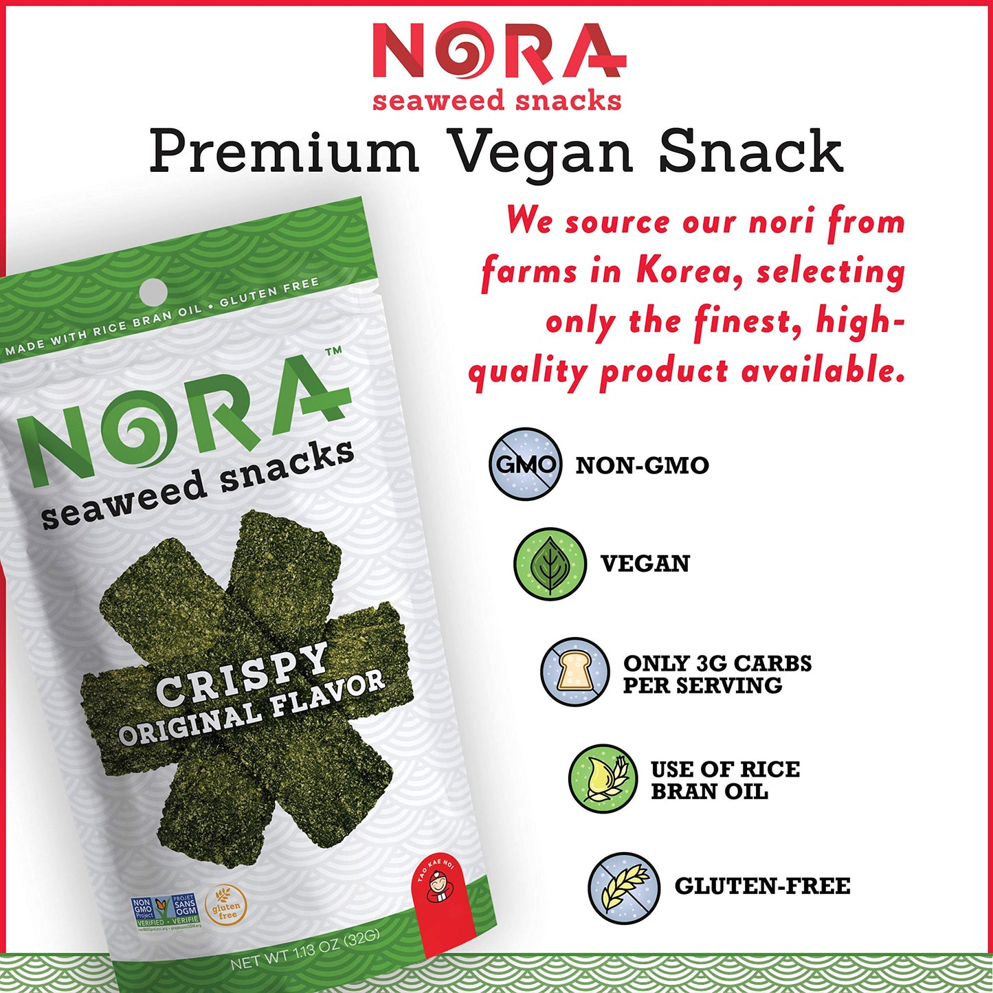 Original Crispy Seaweed Snacks By Nora, Low-Carb Healthy Snacks For Adults, Thick Nori Sheets Snack Strips, Asian Snacks, Vegan,
