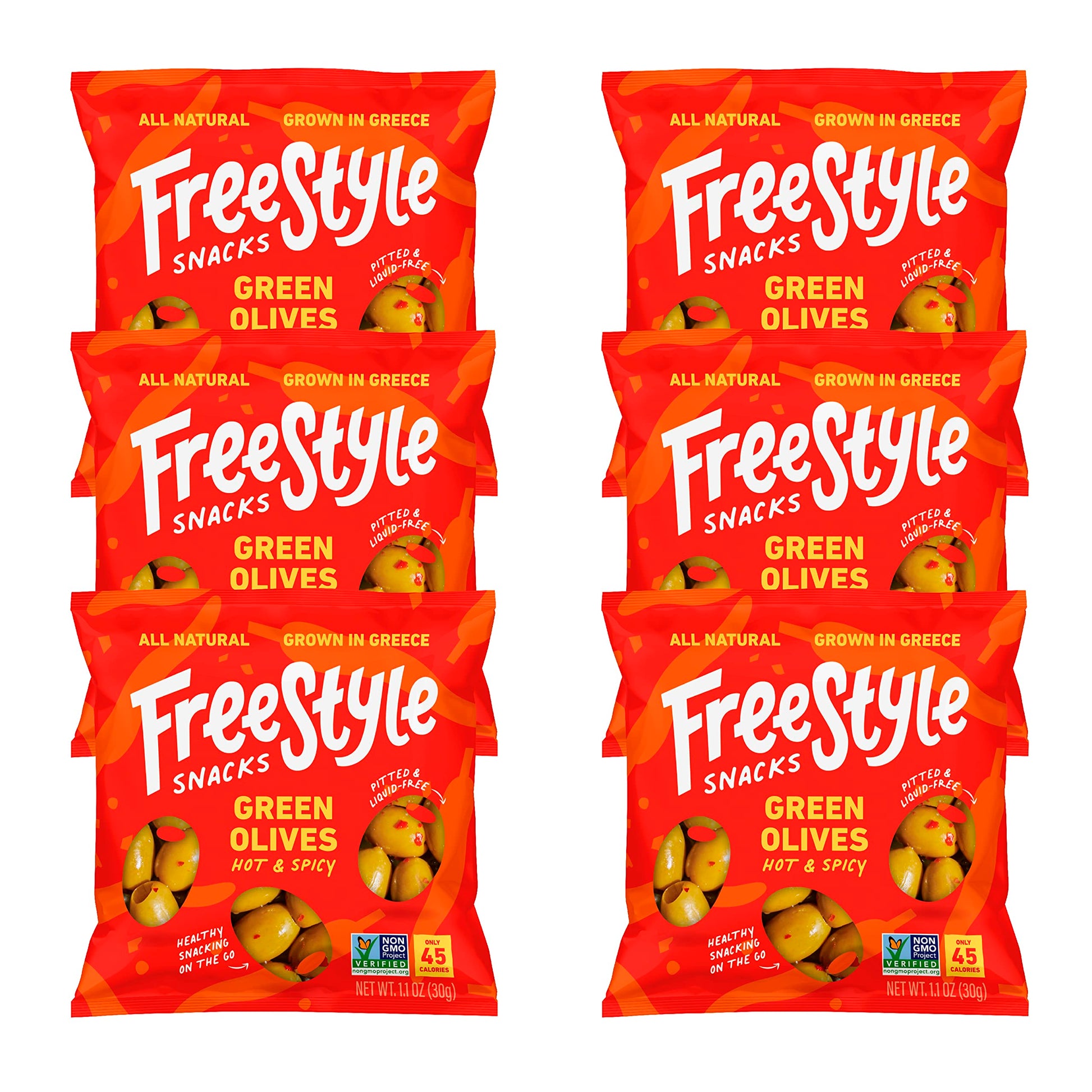 Freestyle Snacks Olive Snack Packs, Jumbo Green Olives, Hot and Spicy, 1.1oz (6 Pack)
