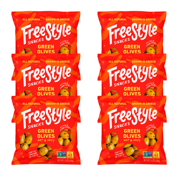 Freestyle Snacks Olive Snack Packs, Jumbo Green Olives, Hot and Spicy, 1.1oz (6 Pack)