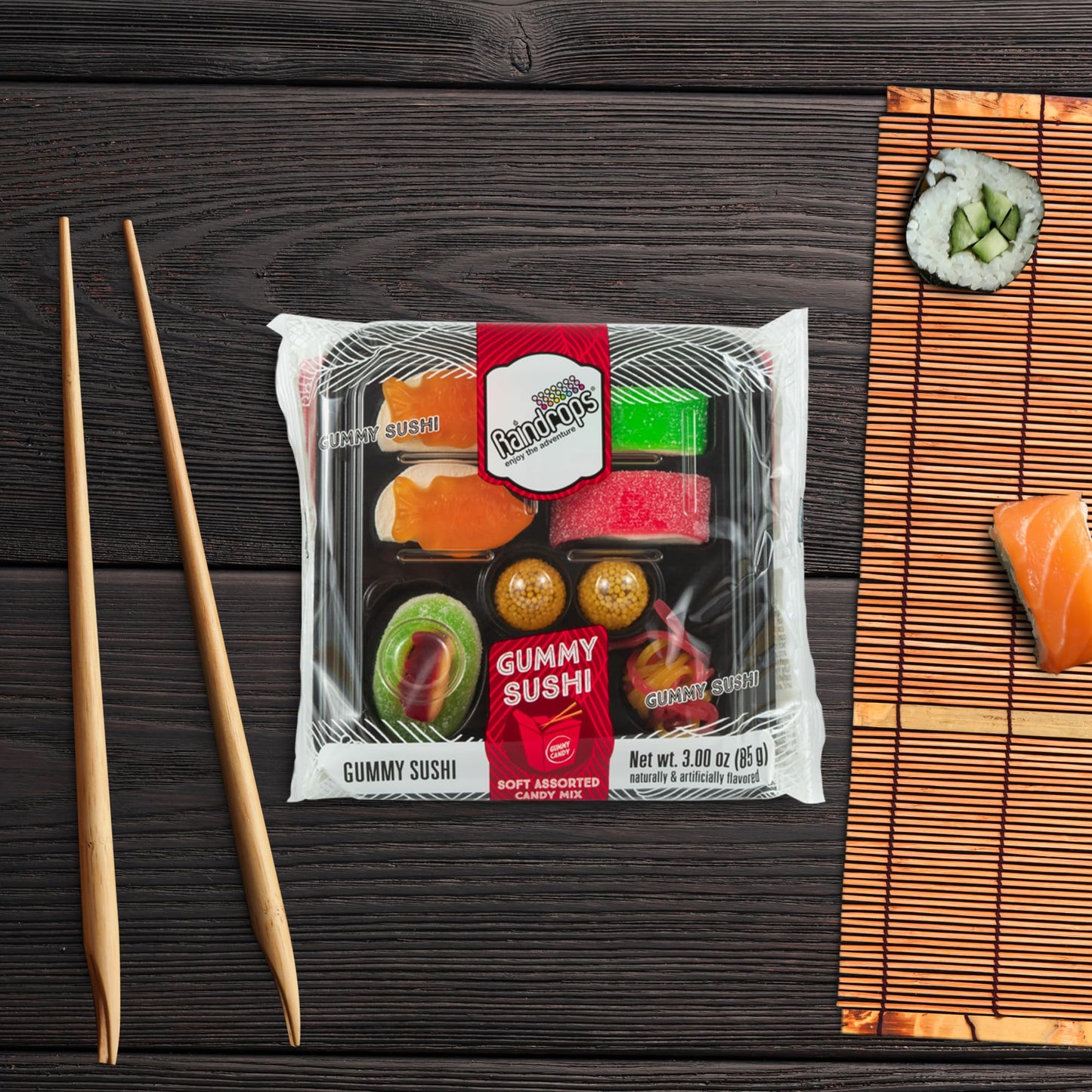 Raindrops - Gummy Candy Small Sushi Bento Box - Yummy Gummy Food Looks Just Like A Sushi - Mens Stocking Stuffer Ideas - (3.0 Oz