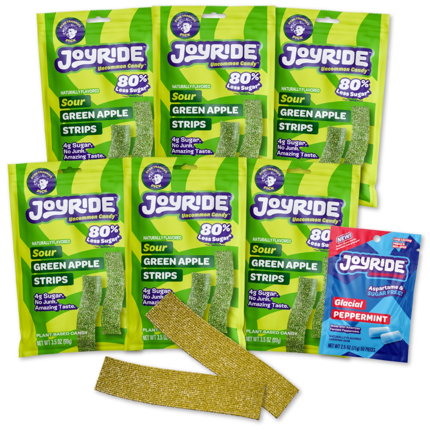 JOYRIDE Green Apple Sour Strips 3.5 oz, 6-Pack Bundle with Glacial Peppermint Gum, Low Sugar, Dye Free, Low Calorie Snacks