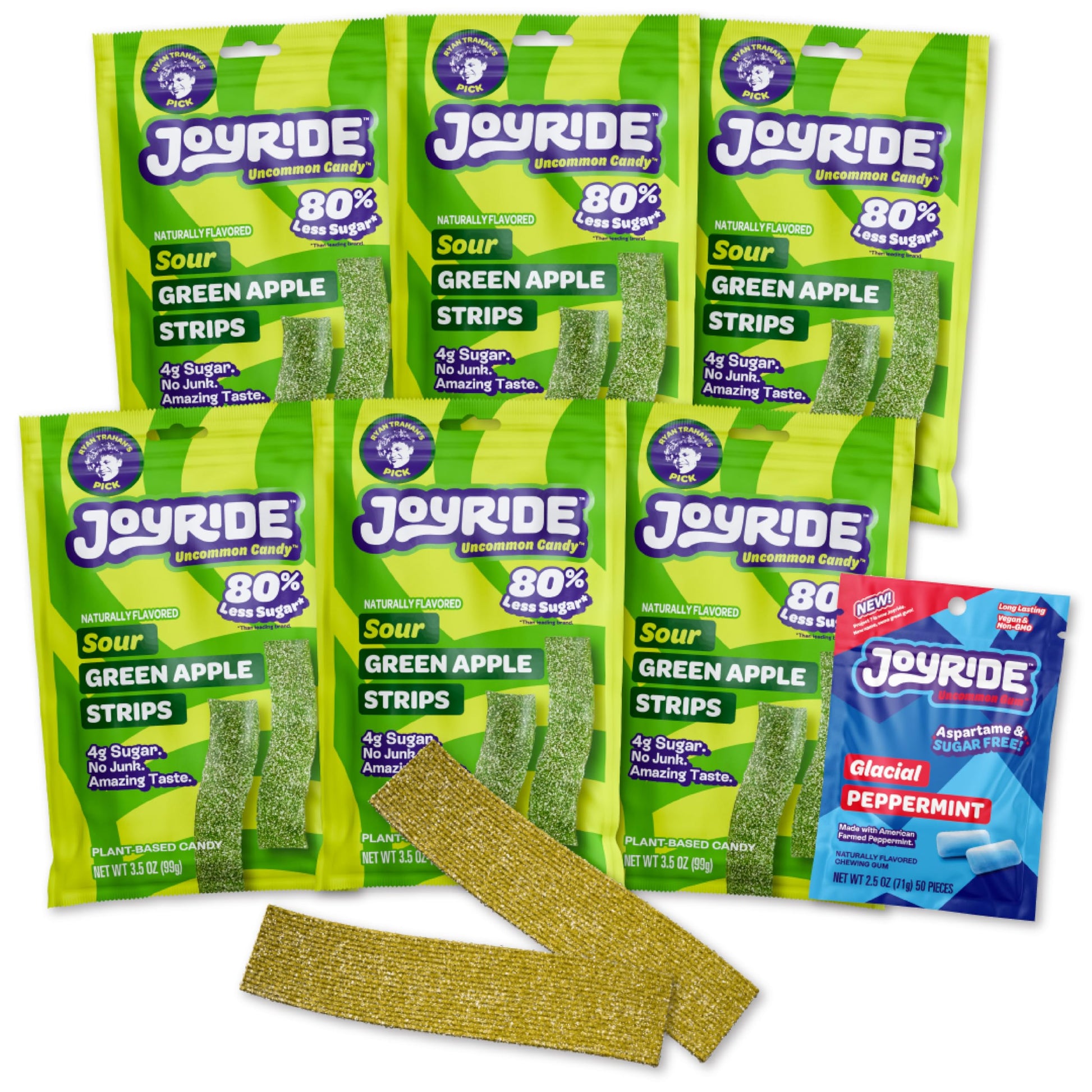 JOYRIDE Green Apple Sour Strips 3.5 oz, 6-Pack Bundle with Glacial Peppermint Gum, Low Sugar, Dye Free, Low Calorie Snacks
