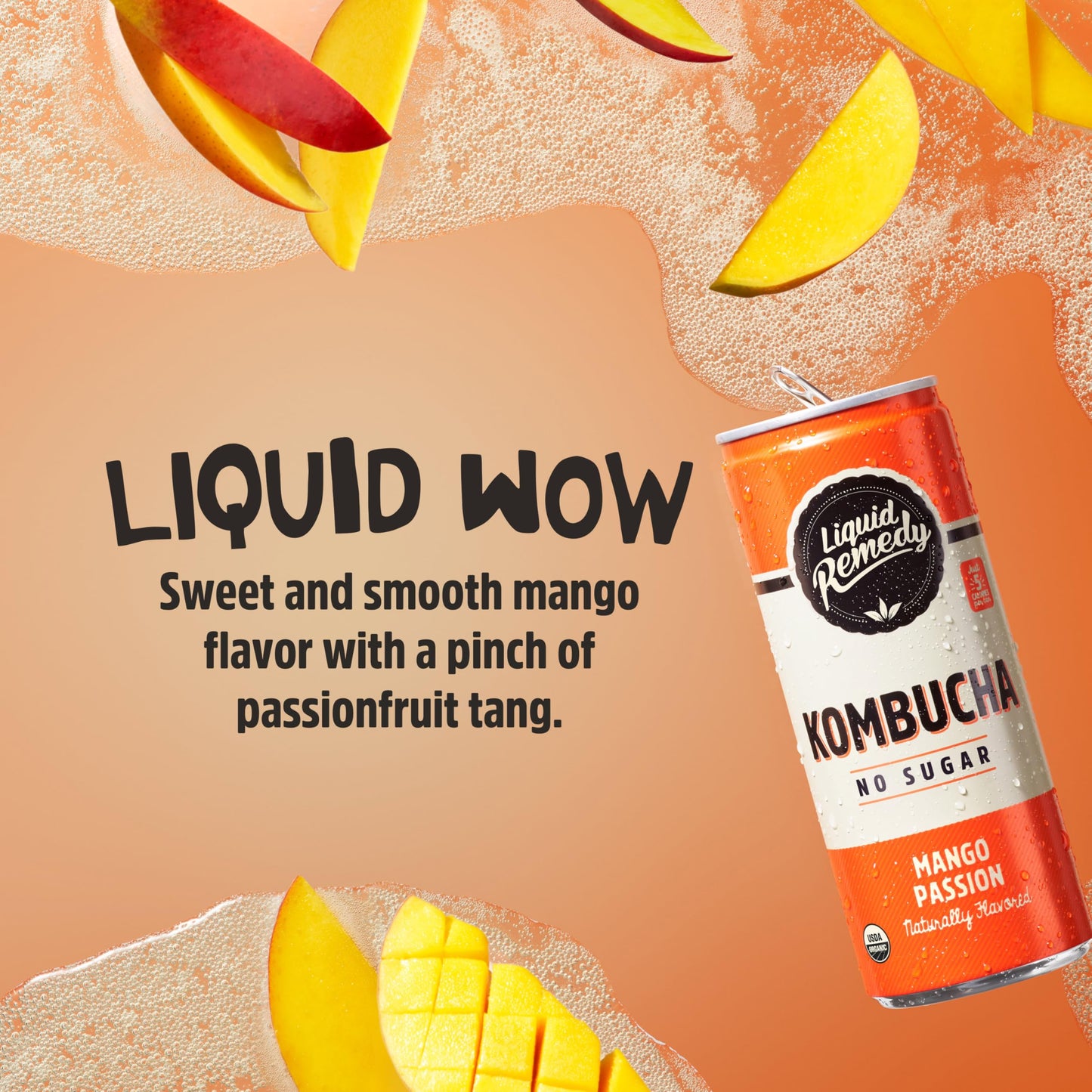 Liquid Remedy Kombucha Sugar Free Organic Drink, Low Calorie, Probiotic Like Tea For Gut Health - Mango Passion - 8.5 Fl Oz Can,