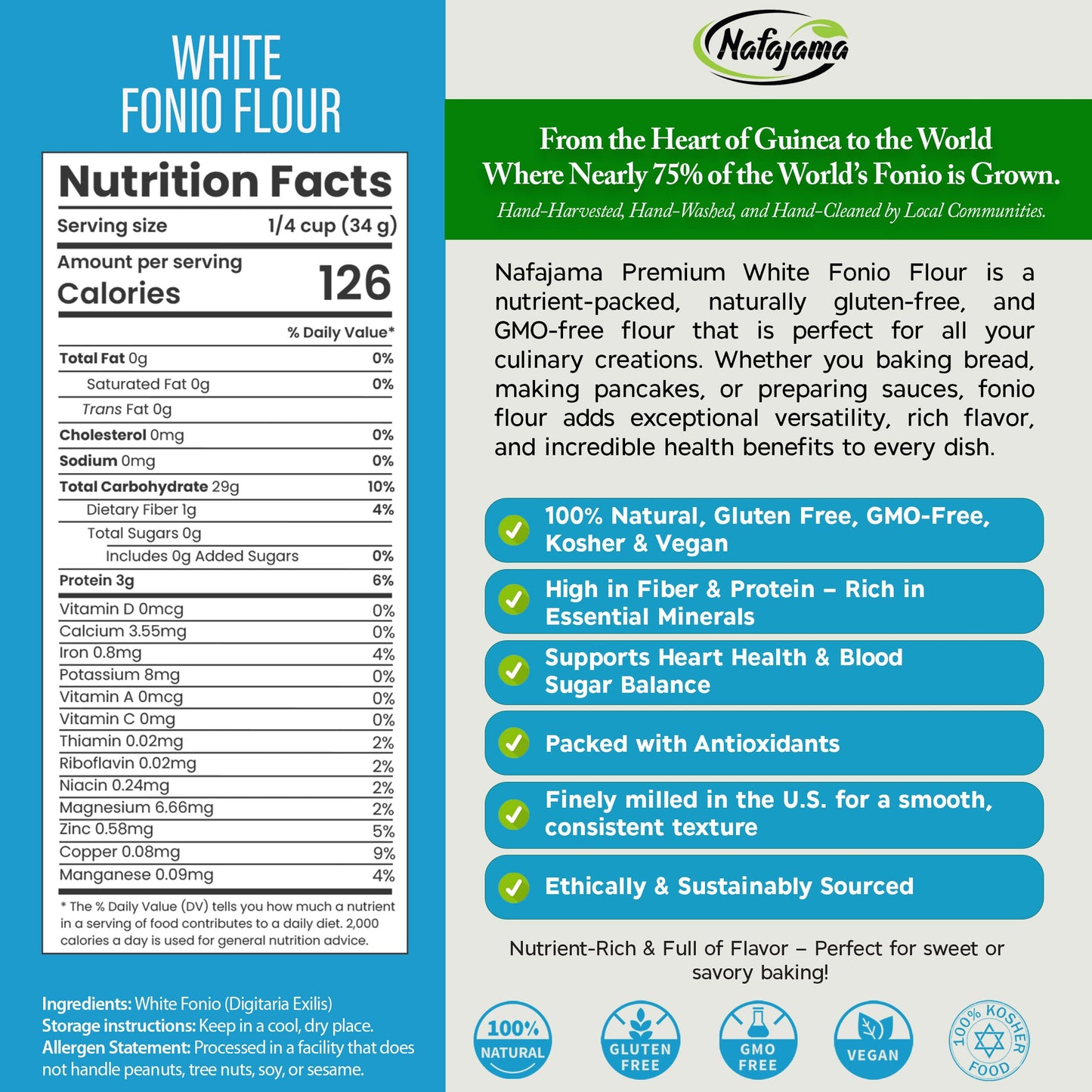 Nafajama enhanced Gluten-Free White Fonio Flour | Ancient African Superfood | All-Natural  Non-GMO  Vegan  High-Fiber - 1 Bag of 110 lb / 50 kg
