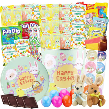 Easter Snack Green Tin (60 Count) Filled with Candy, Peelable Gummies, Bunny and More, Great Package for Family, Friends, Boys a