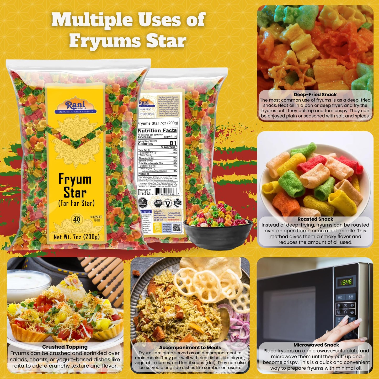 Rani Fryums Star Shape 7oz (200g) - Vegan, Kosher, Uncooked Wheat & Tapioca Snack