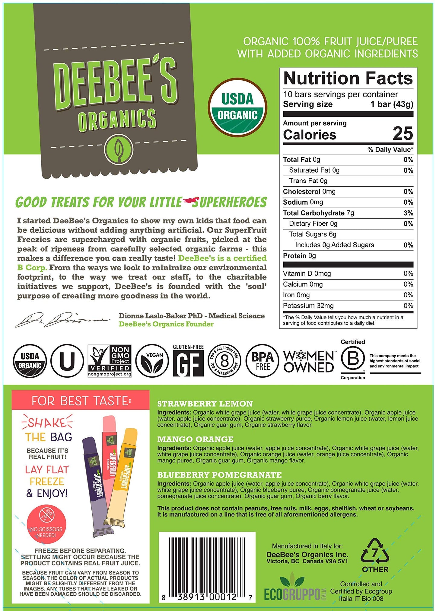 Deebee's 100% Organics Super Fruit Freezie Frozen Juice Bars - Grape, Strawberry and Tropical Fruit Popsicles - Nut, Gluten and