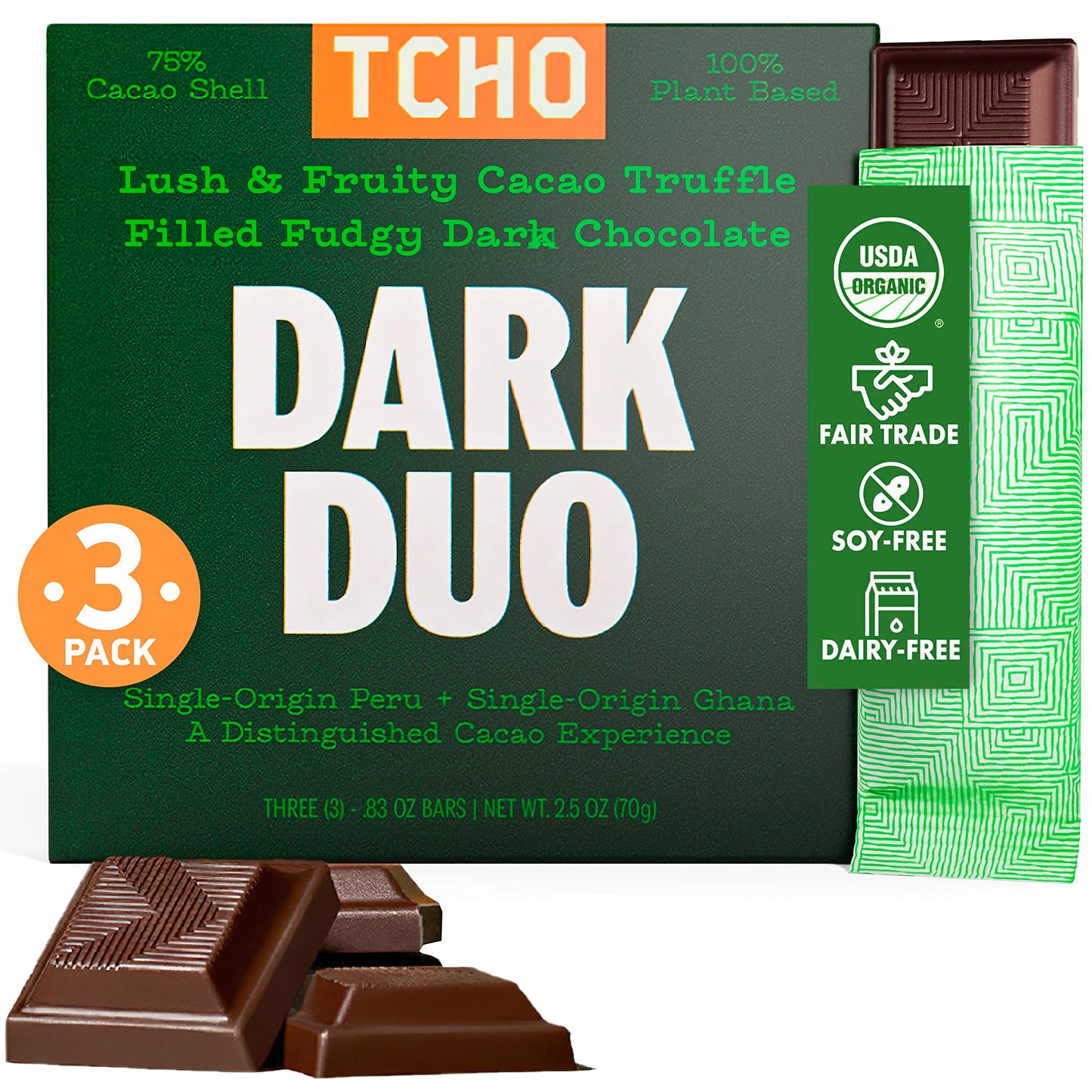 TCHO Dark Duo Dark Chocolate Bars, Organic, Vegan, Non-GMO, 3 Pack, 2.5oz Each