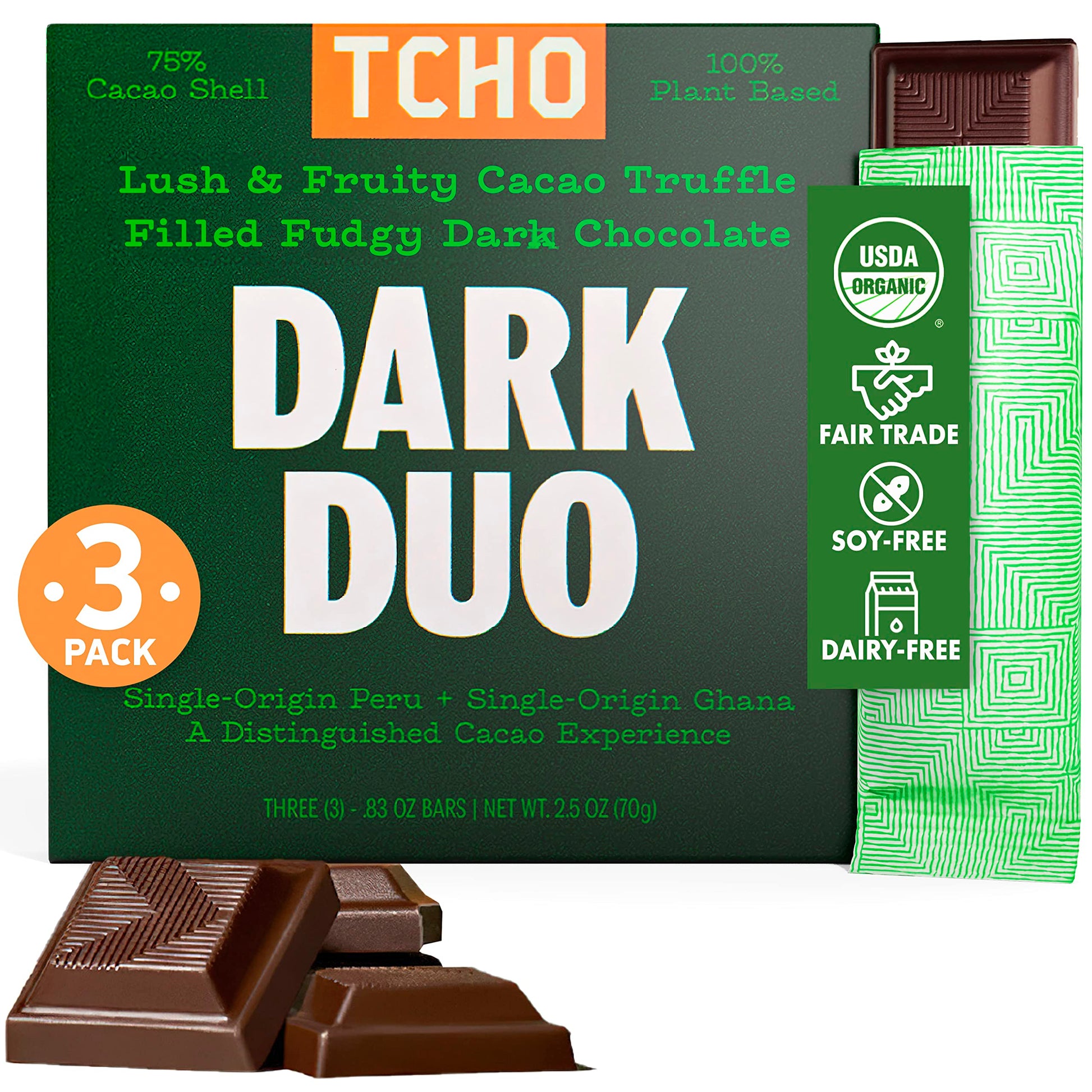 TCHO Dark Duo Dark Chocolate Bars, Organic, Vegan, Non-GMO, 3 Pack, 2.5oz Each