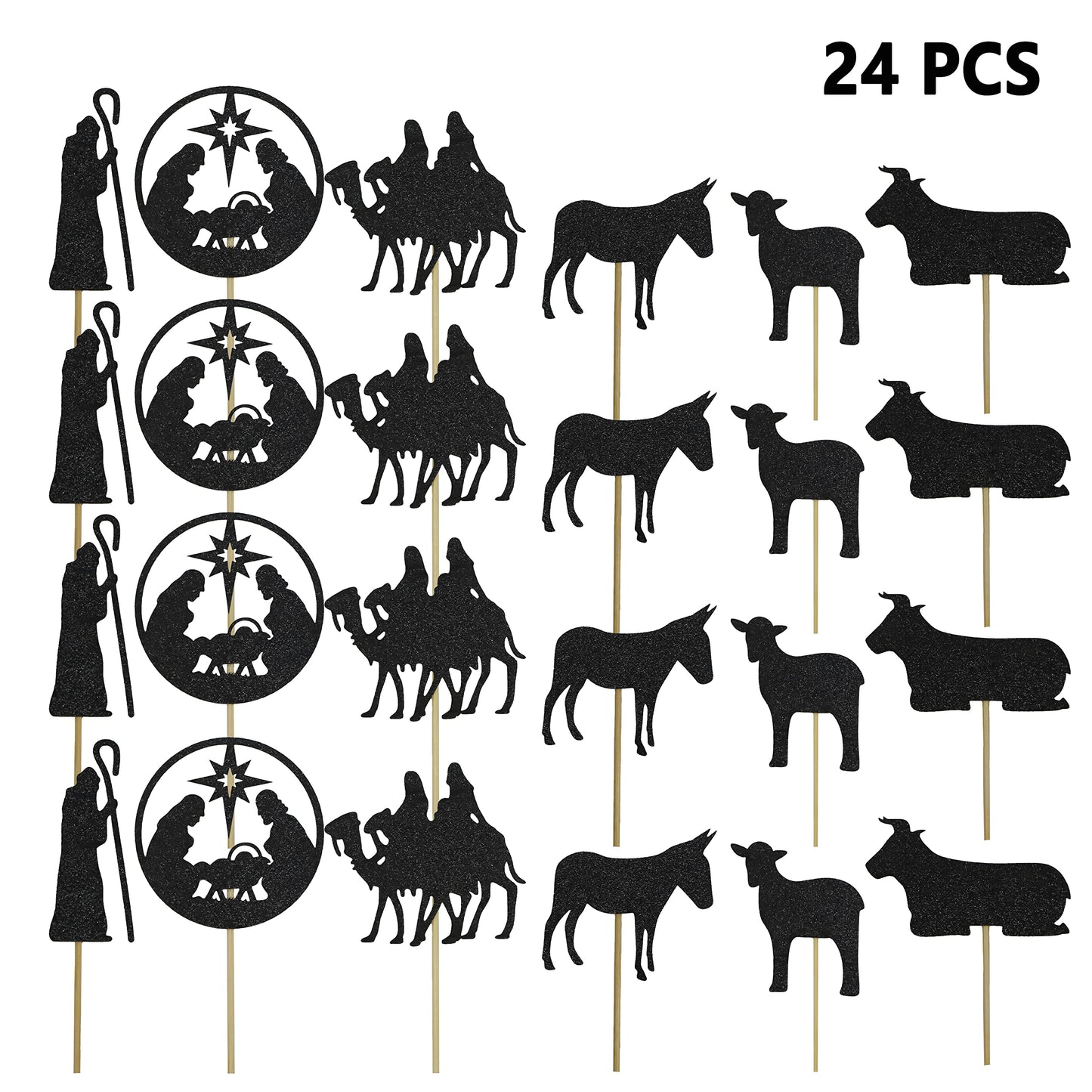 24Pcs Christmas Nativity Cupcake Toppers, Black Glitter Holy Nativity Cupcake Decoration, Christmas Jesus Decorations, Christmas