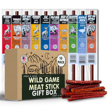 Jerky-n-Spice Wild Game Meat Sticks (10-Pack), Exotic Beef Jerky Variety Pack, Carnivore Snacks, Beef Jerky Snack Packs, Gift Ba