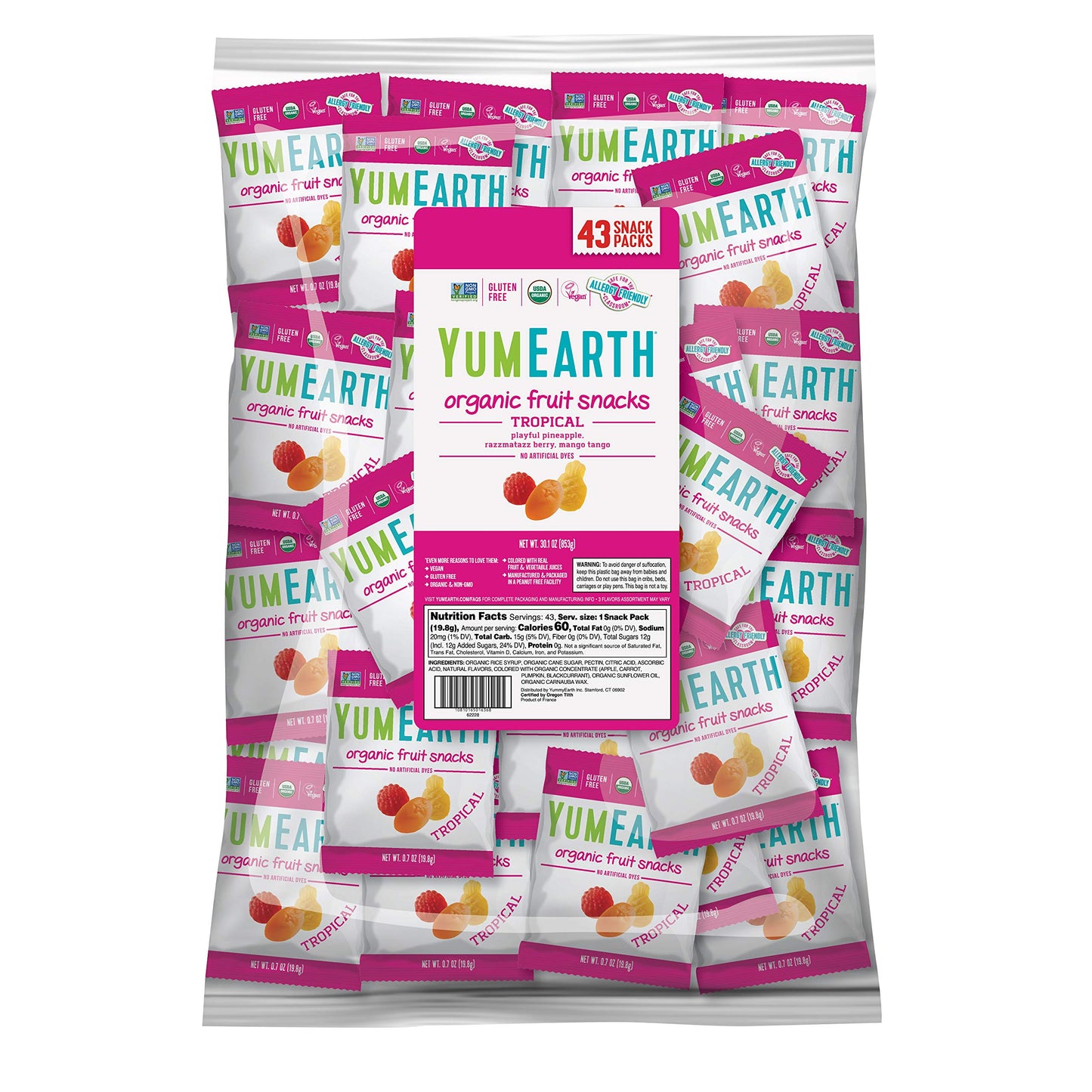 YumEarth Organic Tropical Flavored Fruit Snacks, 43ct- 0.7oz Snack Packs, Allergy Friendly, Gluten Free, Non-GMO, Vegan, No Arti