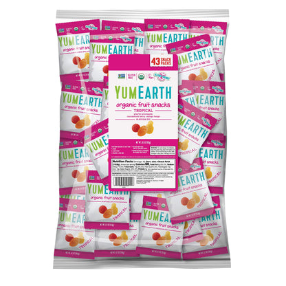 YumEarth Organic Tropical Flavored Fruit Snacks, 43ct- 0.7oz Snack Packs, Allergy Friendly, Gluten Free, Non-GMO, Vegan, No Arti