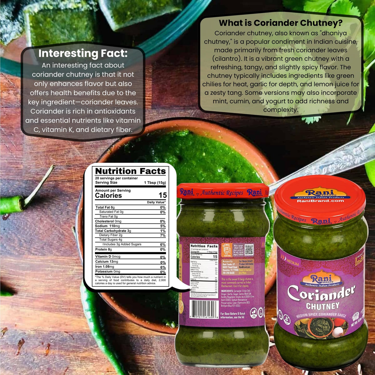 Rani Coriander Chutney 10.5Oz (300G) Glass Jar, Ready To Eat, Pack Of 5+1 Free ~ Vegan | Gluten Free | Non-Gmo | Kosher | No Col