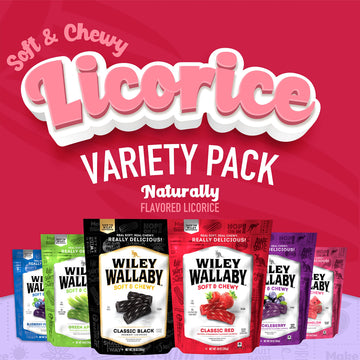 Wiley Wallaby Licorice 10oz Soft & Chewy Australian Style Candy, Variety Pack Twists, 6 Pack - Black Gourmet Treats