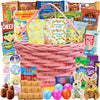 Easter Pink Round Willow Basket (70 ct) Filled with Treats, Snacks, Candy, Peelable Gummies, Marshmallow Gummies, Bunny and More
