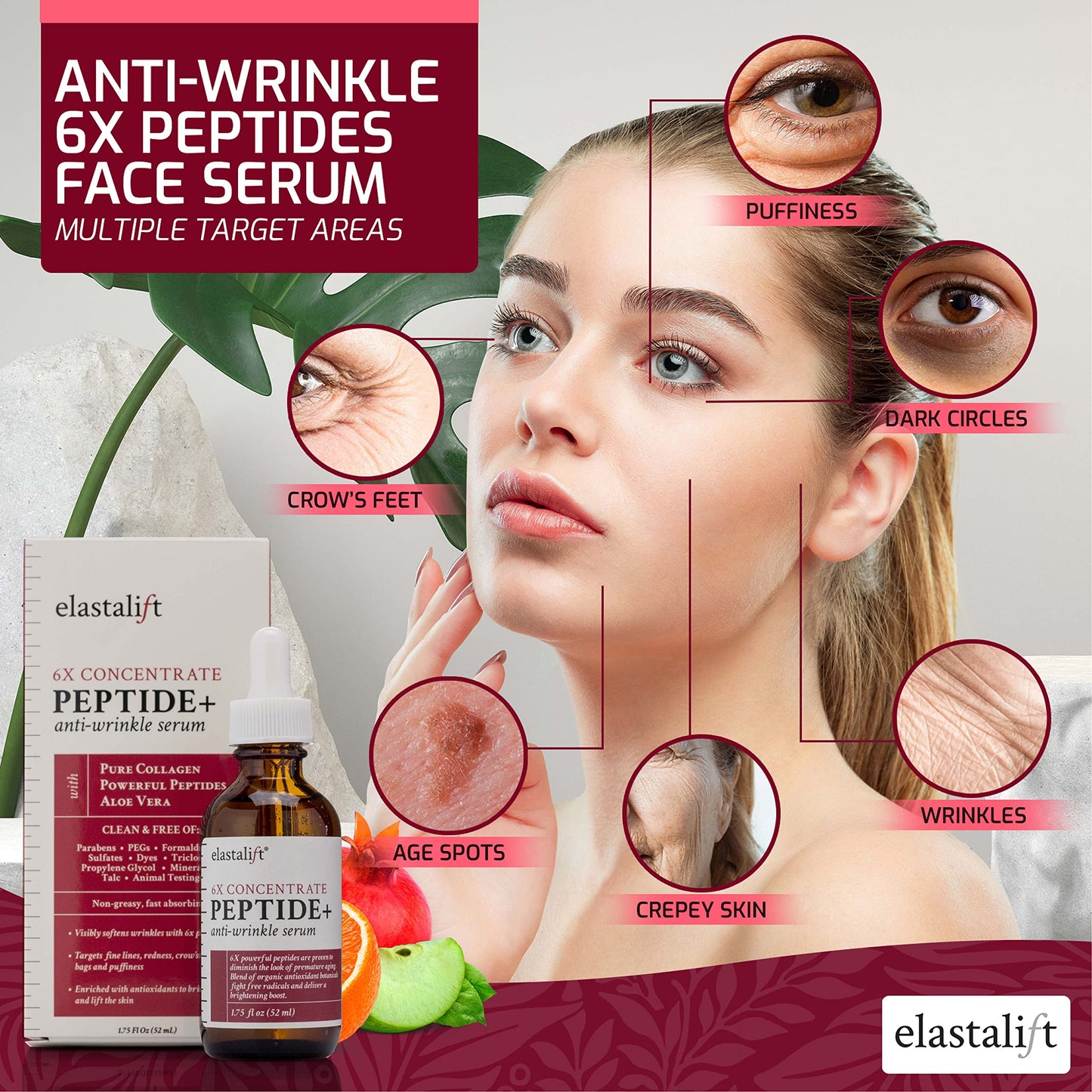 Elastalift Peptide Facial Serum Moisturizer Skin Care Oil For Face, Wrinkles, Fine Lines,  Puffiness Moisturizing 6X Peptide Con
