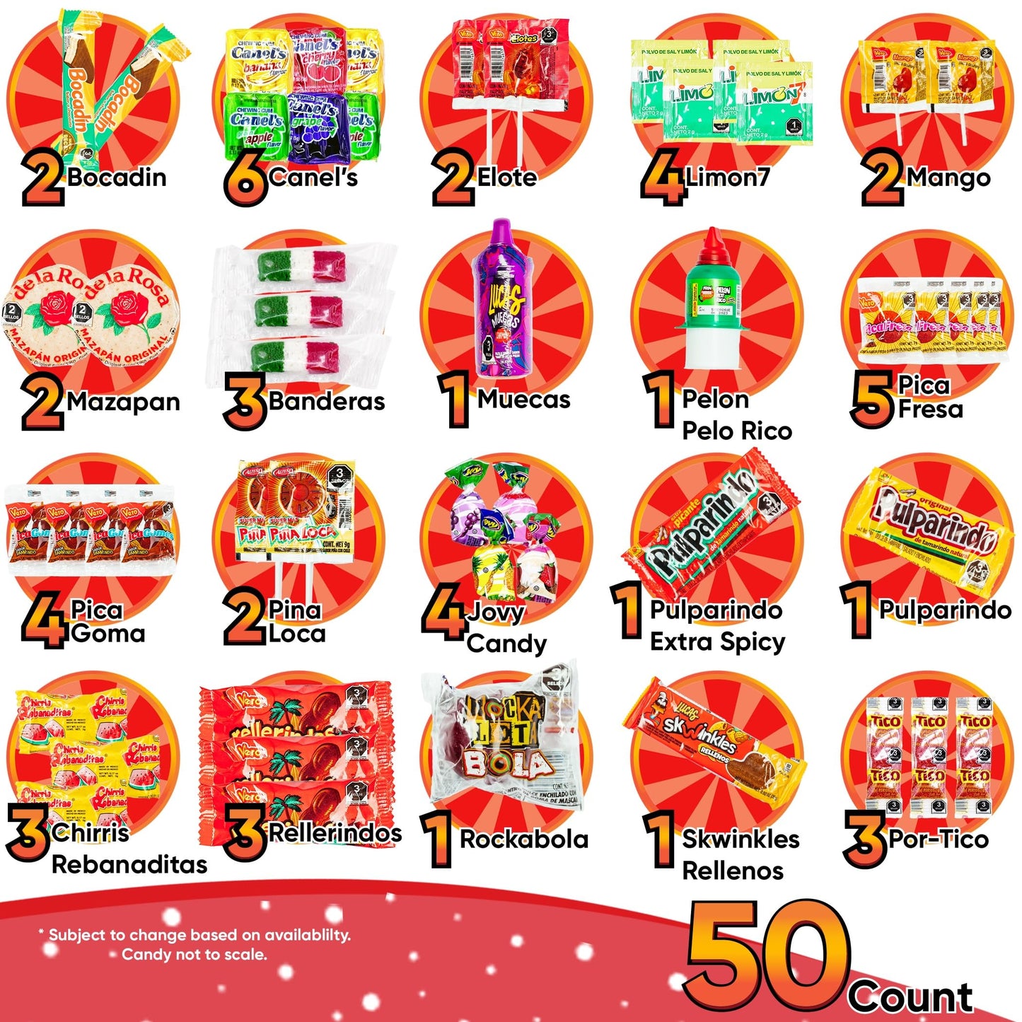 Sabores De Mexico Mexican Candy Variety Pack - 50 Count Dulces Mexicanos with Vero Lollipops, Lucas Candy, Pulparindo & More