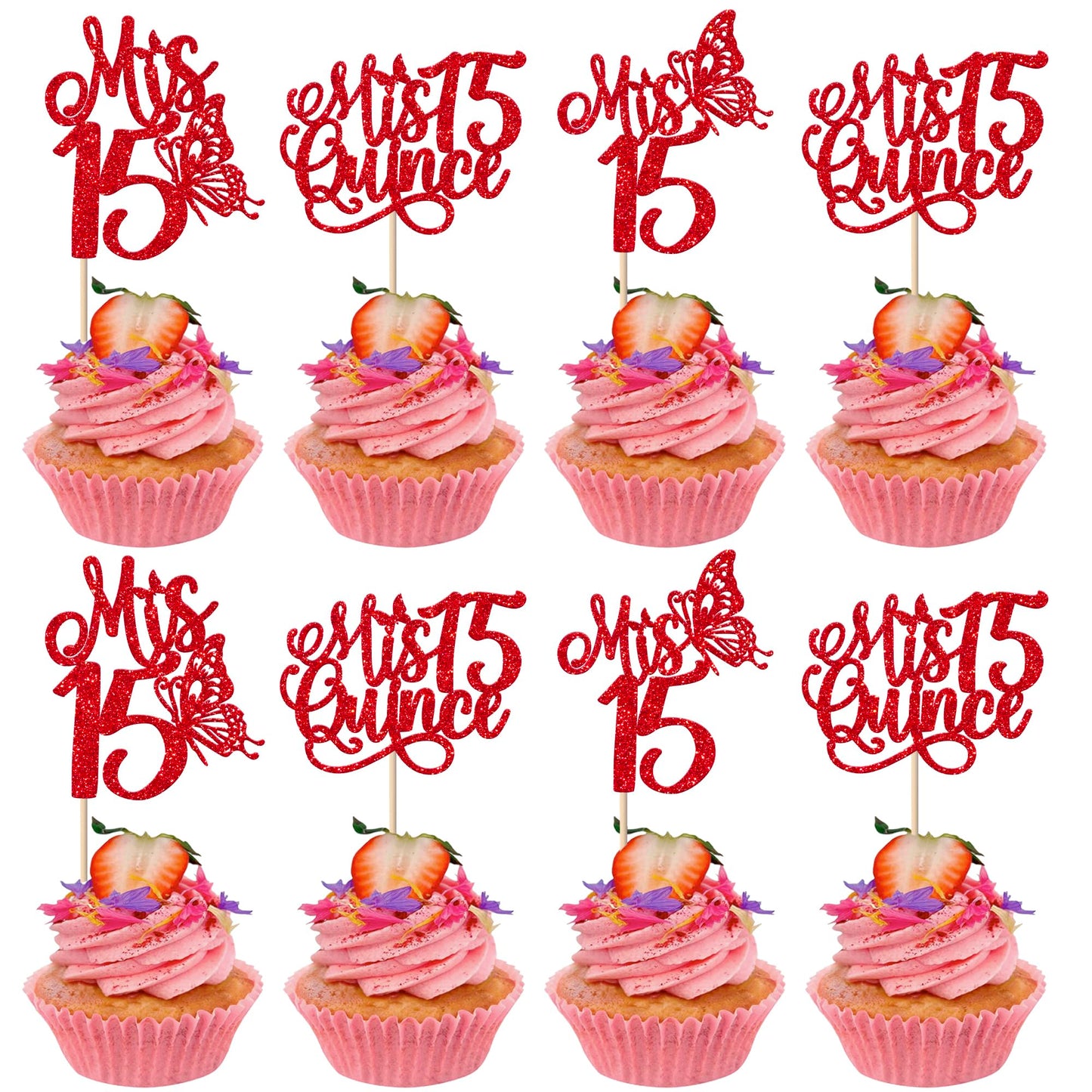 Rsstarxi Cupcake Toppers 24 Pack Glitter Quinceañera Decorations Red