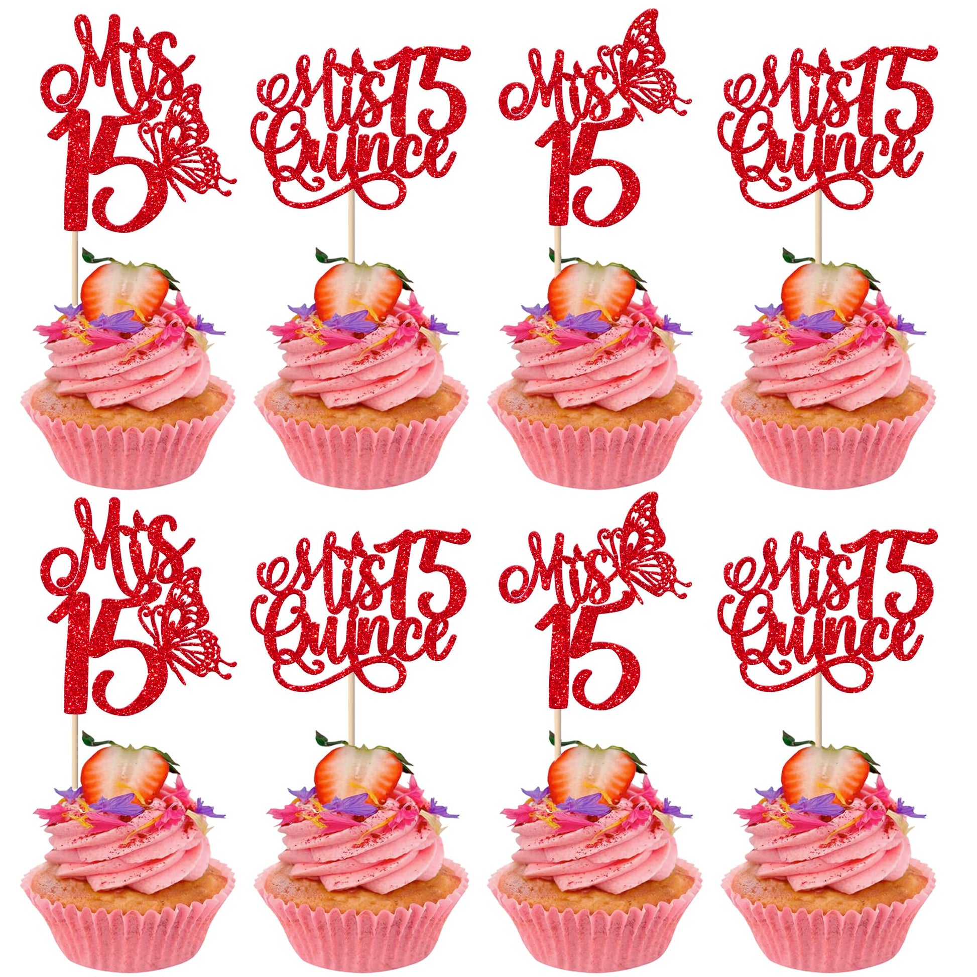 Rsstarxi Cupcake Toppers 24 Pack Glitter Quinceañera Decorations Red
