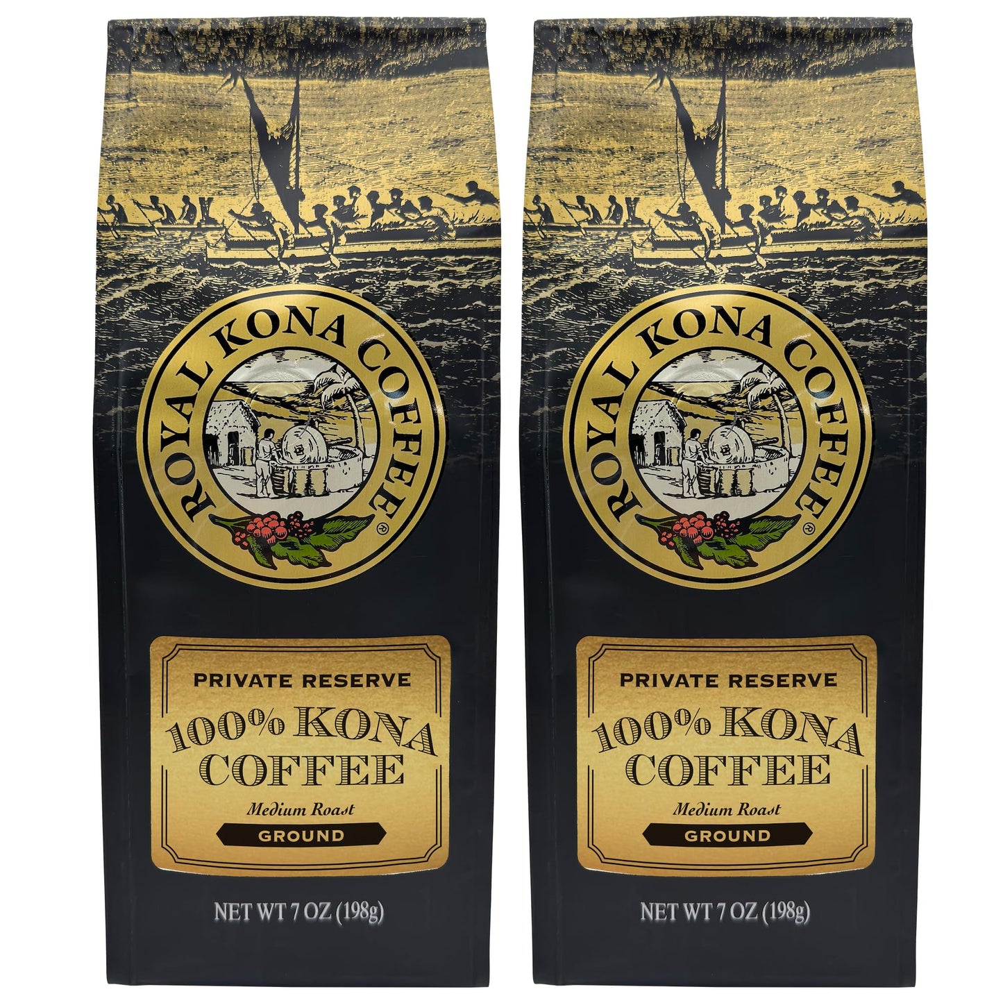 Royal Kona 2-Pack 100% Hawaiian Kona Coffee, Private Reserve Medium Roast, Ground - 7 Ounce Bags (Pack Of Two)