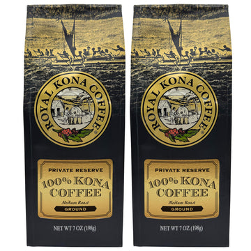 Royal Kona 2-Pack 100% Hawaiian Kona Coffee, Private Reserve Medium Roast, Ground - 7 Ounce Bags (Pack Of Two)