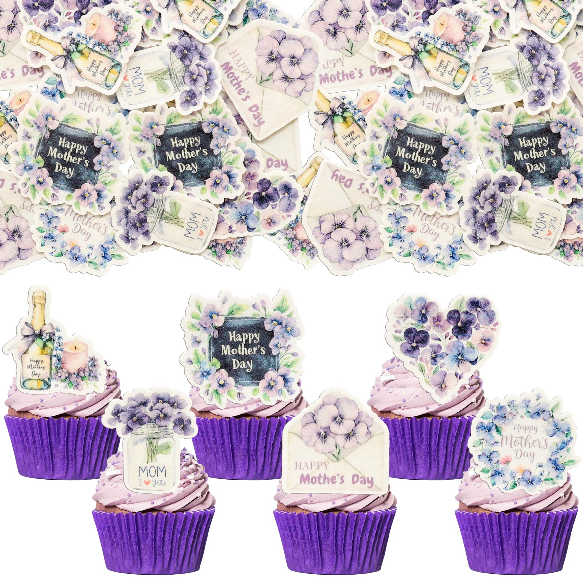 Ephlyn 54Pcs Edible Happy Mother's Day Cupcake Toppers Heart Love Mom Cake Drink Topper Picks Flowers Cake Decoration for Mom's 