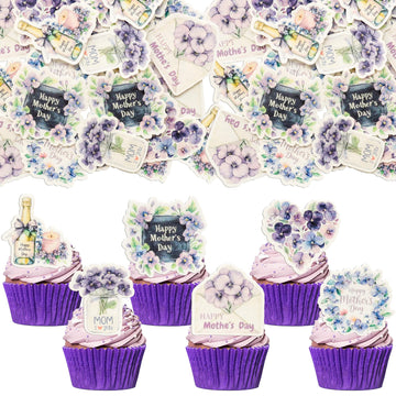 Ephlyn 54Pcs Edible Happy Mother's Day Cupcake Toppers Heart Love Mom Cake Drink Topper Picks Flowers Cake Decoration for Mom's 