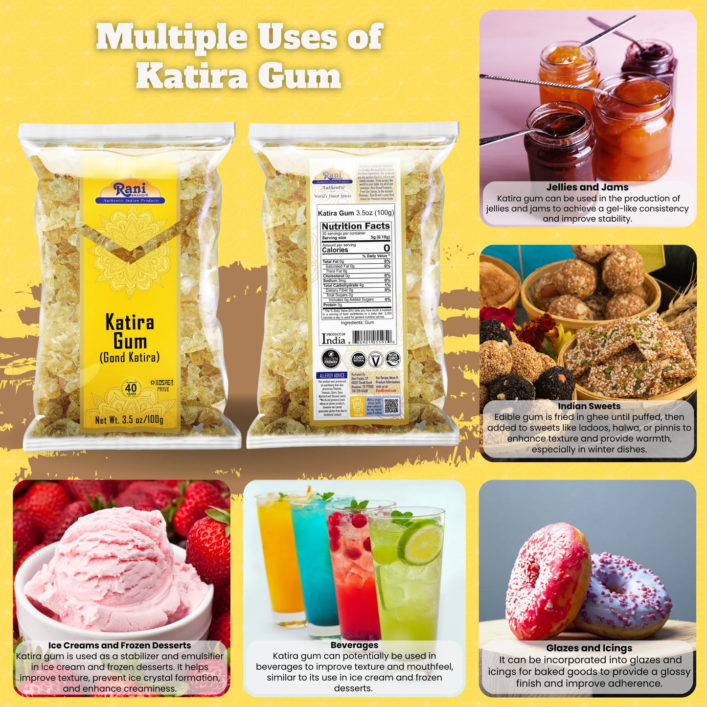 Rani Edible Gum Whole (Goonder Tragacanth Gum) - 3.5oz (100g) - All Natural, Vegan, Gluten Friendly, NON-GMO, Kosher