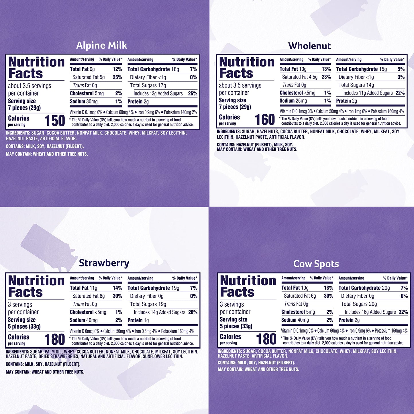Milka Chocolate Bars Variety Pack, Alpine Milk, Cow Spots, Strawberry & Hazelnut, 10 Count