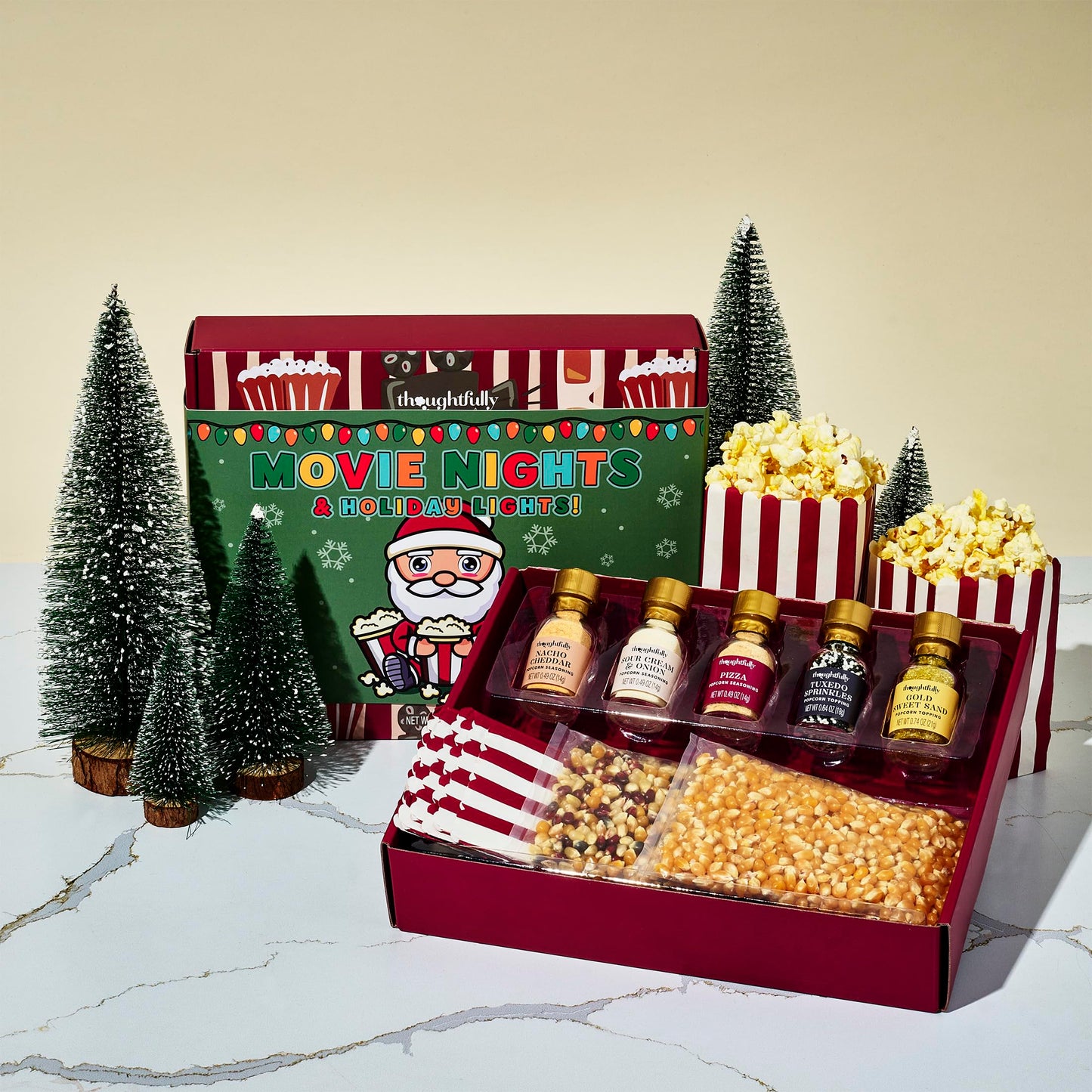 Thoughtfully Gourmet, Movie Night Popcorn Set with Holiday Band, Includes Yellow & Mixed Popcorn Kernels, 10 Popcorn Bags, 5 Gou