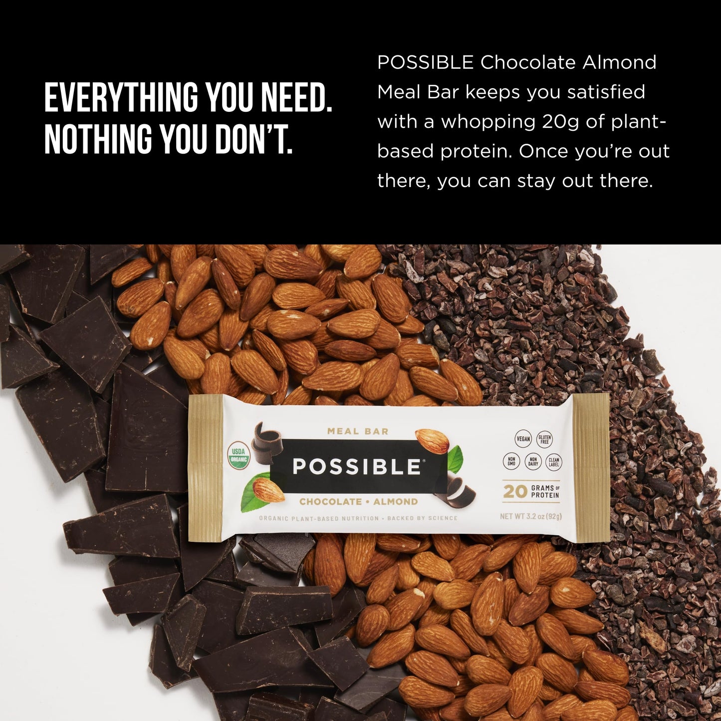 Possible High Protein Meal Bar - Vegan, Gluten-Free, USDA Organic - 20g Plant-Based Protein - 1 Box, 10 Bars - Chocolate Almond