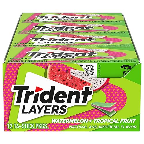 Trident Layers Watermelon & Tropical Fruit Sugar Free Gum, 12 Packs of 14 Pieces - Total 168 Pieces, Fresh Flavor, Perfect for On-the-Go