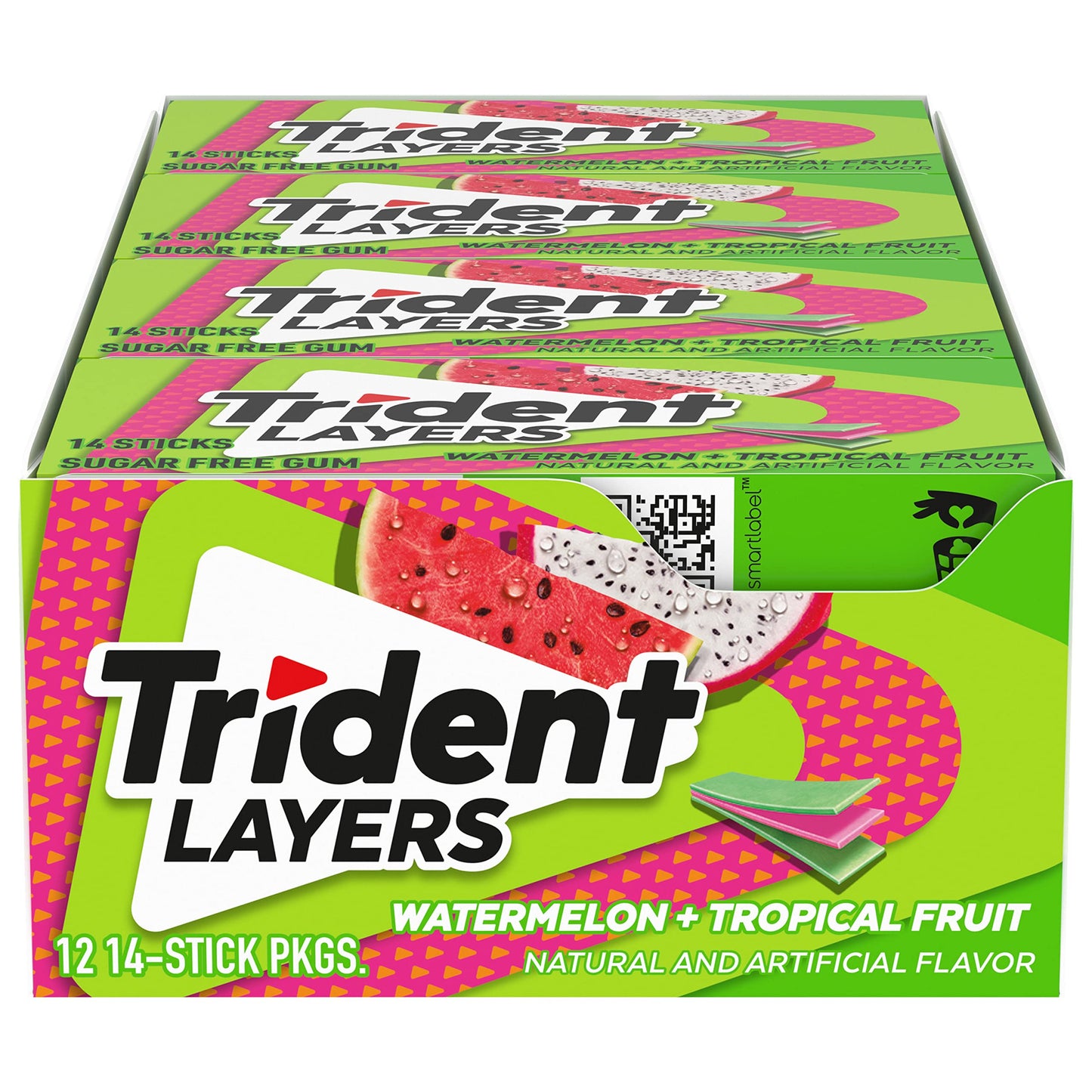 Trident Layers Watermelon & Tropical Fruit Sugar Free Gum, 12 Packs Of 14 Pieces (168 Total Pieces)