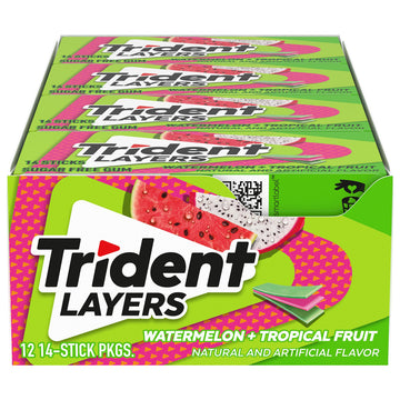 Trident Layers Watermelon & Tropical Fruit Sugar Free Gum, 12 Packs Of 14 Pieces (168 Total Pieces)