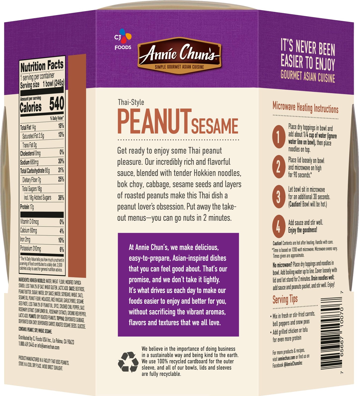 Annie Chun s Noodle Bowl, Thai-Style Peanut Sesame, Vegan, Non-GMO, 8.7-oz (Pack of 6)