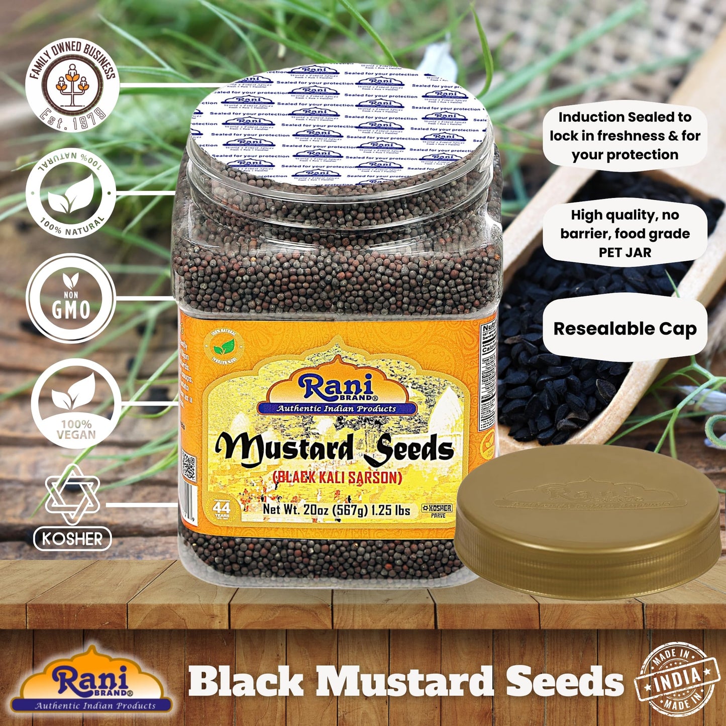 Rani Black Mustard Seeds Whole Spice (Kali Rai) 20Oz (1.25Lbs) 567G Pet Jar ~ All Natural | Gluten Friendly | Non-Gmo | Vegan |