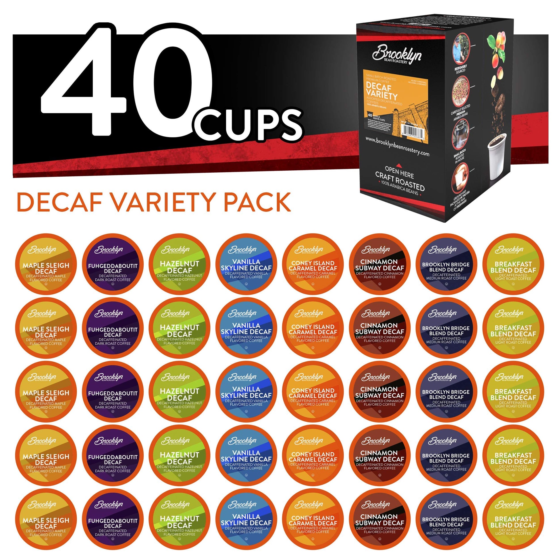 Brooklyn Beans Coffee Pods Assorted Decaf Variety Pack 40 Count Compatible with Keurig K Cup Brewers BB DV40