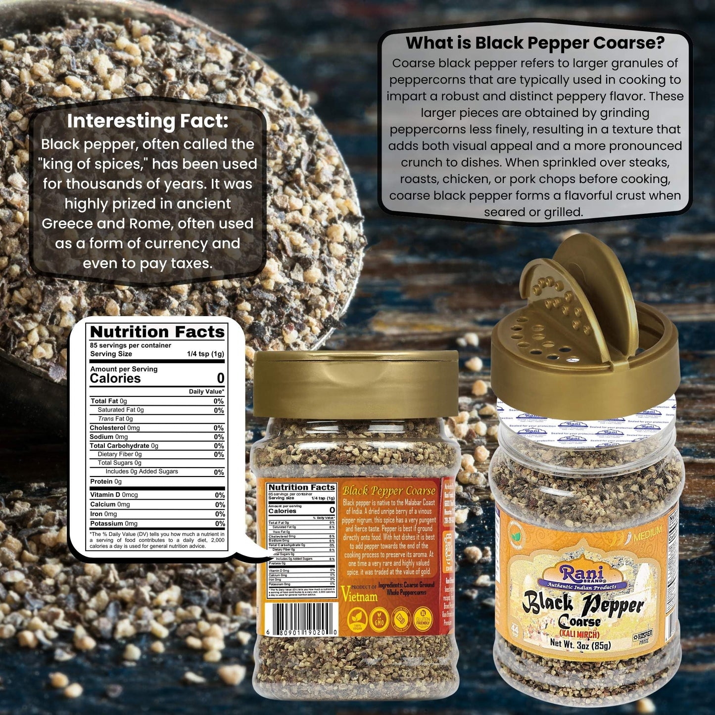 Rani Black Pepper Coarse Ground 28 Mesh, 3oz (85g) PET Jar, All Natural, Vegan, Gluten Friendly, NON-GMO, Kosher, Product of Vietnam