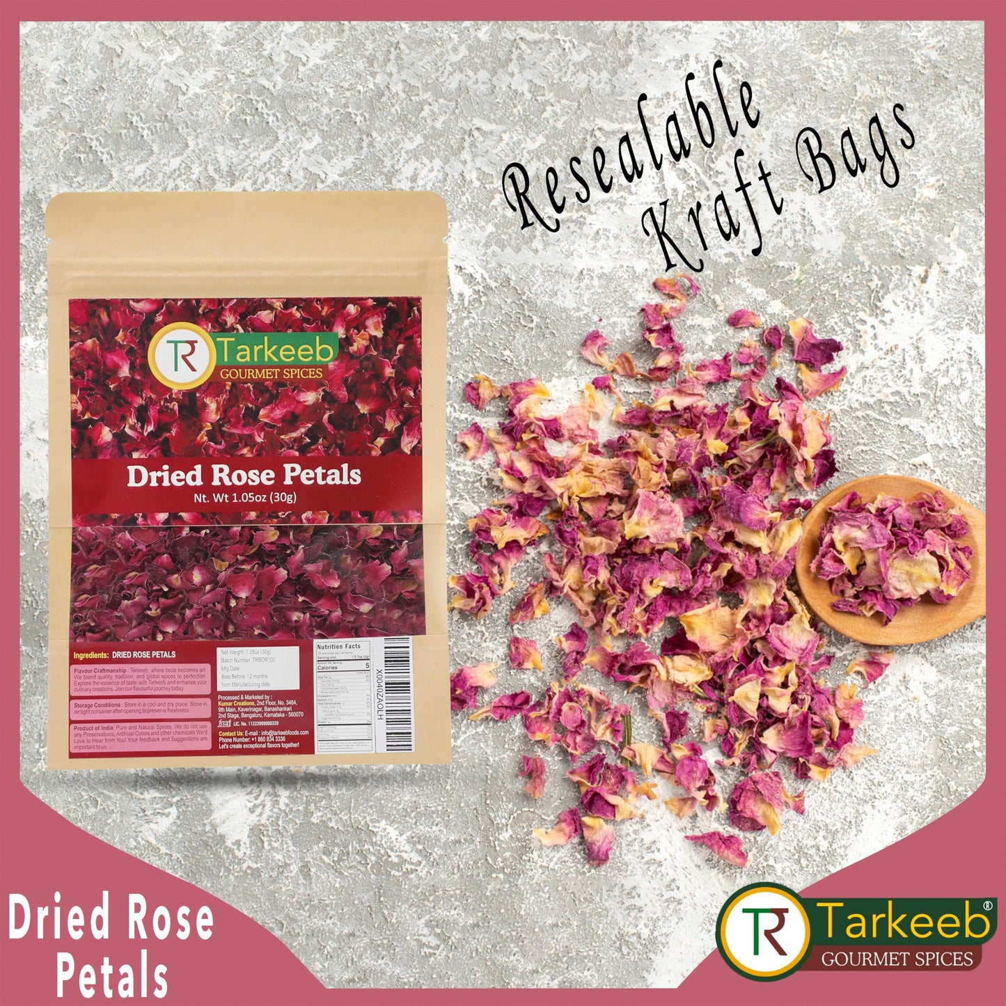 Tarkeeb Dried Rose Petals ~ All Natural | Edible Rose Petals | Dried Flower Petals For Herbal Tea, Decoration, Rose Sprinkles, T